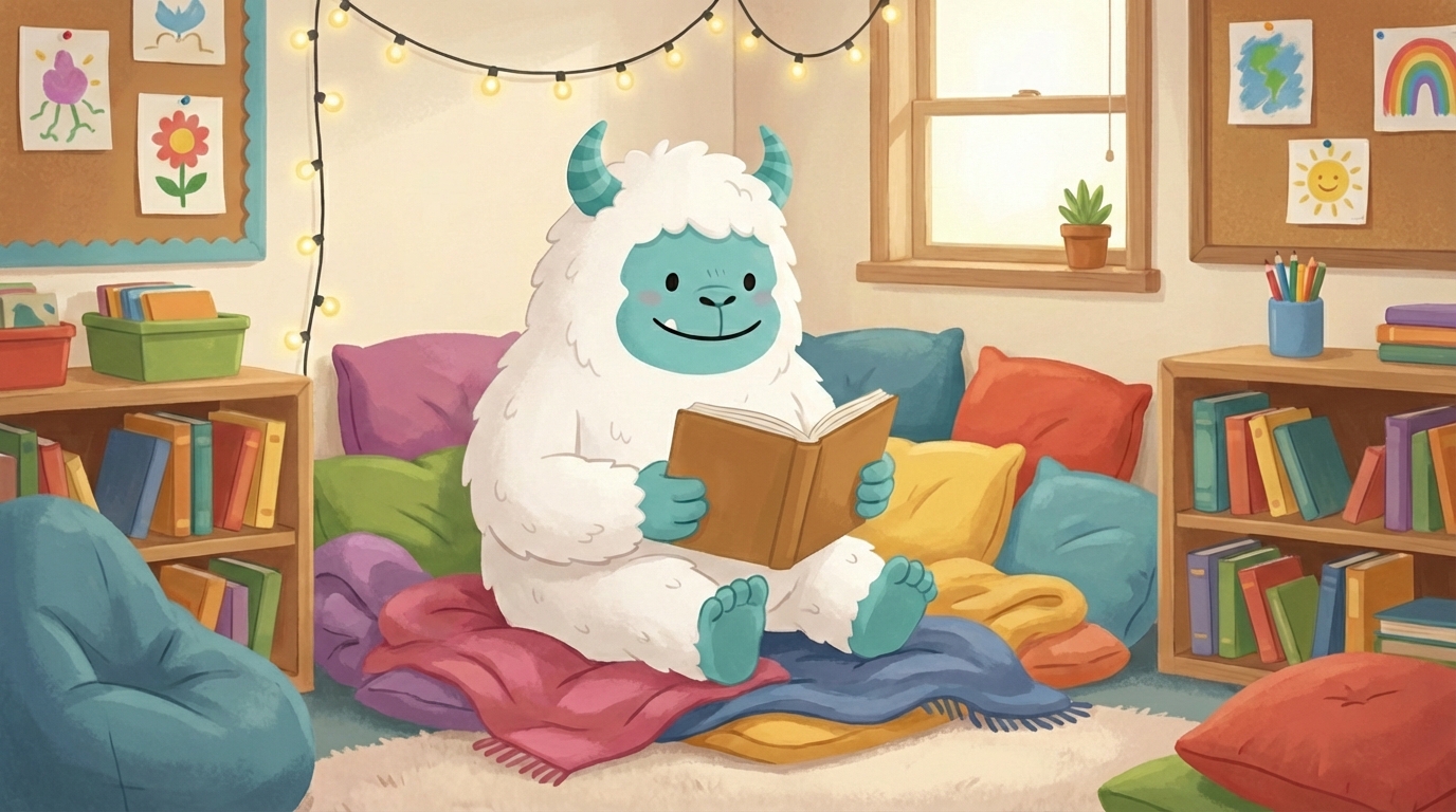 The AlphaPhonics Yeti reading a book in a cozy book nook